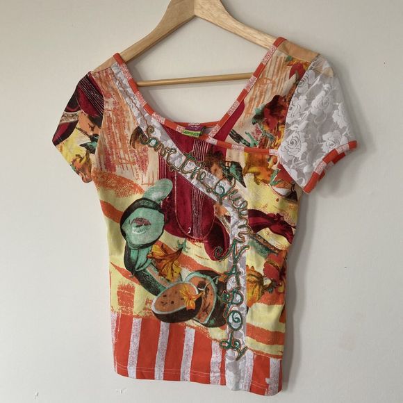 Save The Queen Vintage Short Sleeve Multicoloured Abstract Fruit Print Top Large - Picture 8 of 16